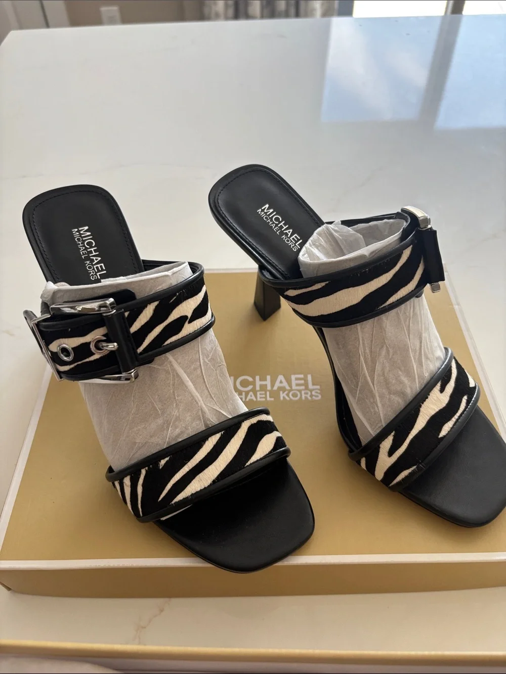Michael Kors Black and White Colby Heeled Sandal Zebra-Print Buckle Heels
